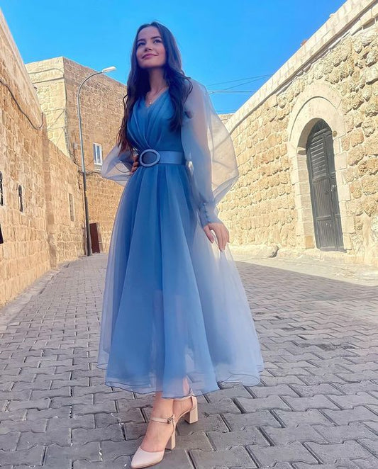 Blue Midi Formal Gown Party Prom Dresses