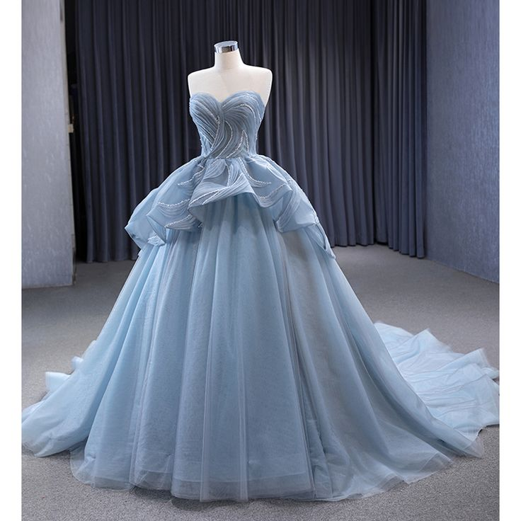 High-End Blue Beading Tulle Cascading Ruffles Prom Dress New Ball Gown  cc1768