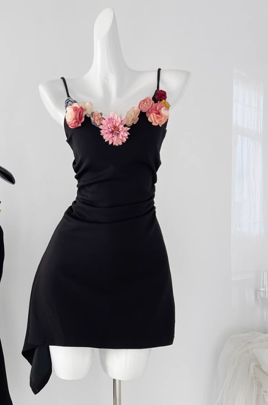 Black heavy three-dimensional flower suspender dress new style fishbone waist slim a-line short skirt R0074