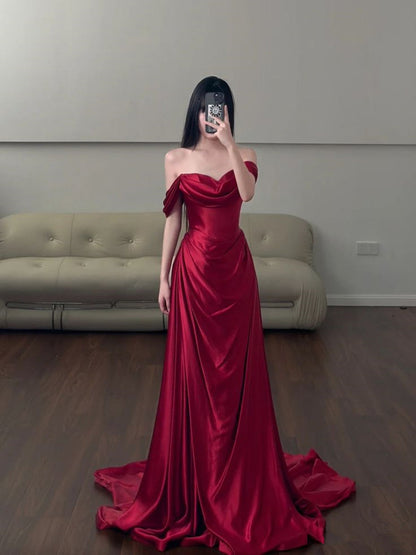Wine Red Sweetheart Strapless Satin Party Dress, Wine Red Satin Prom Dress