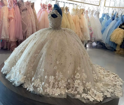 Sweet 16 Quinceanera Dresses Floral Applique Tulle Ball Gown