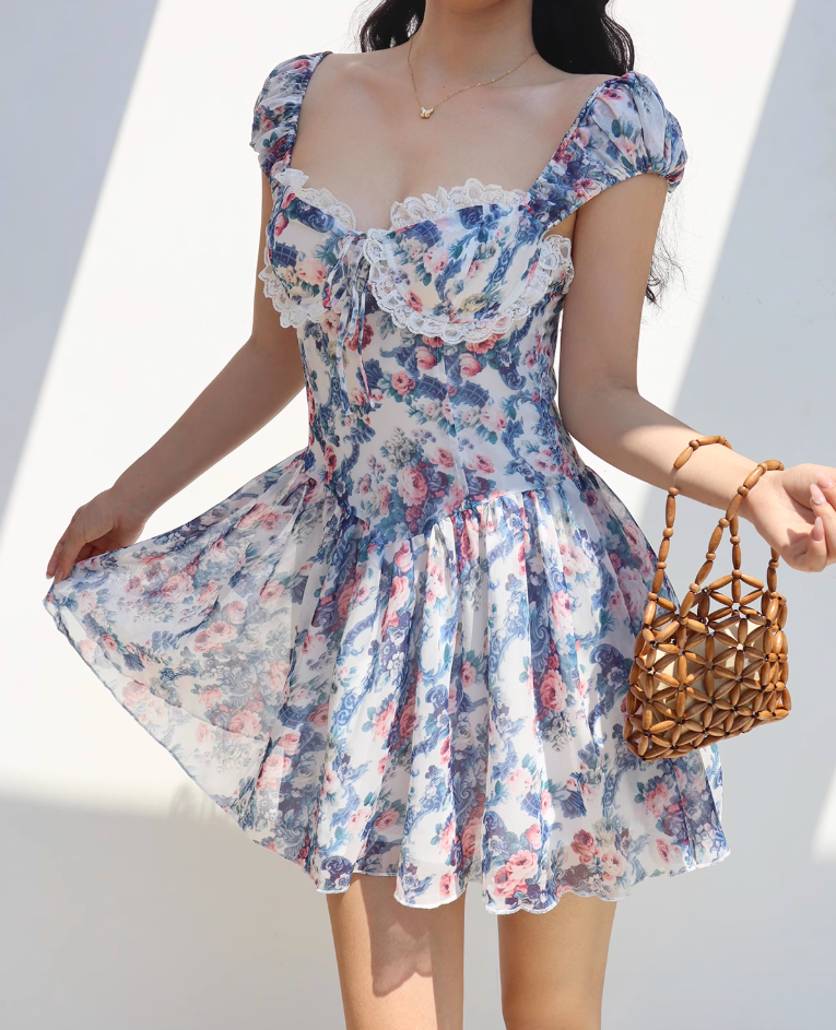 Retro countryside blue floral print dress lace one shoulder vacation skirt R2869
