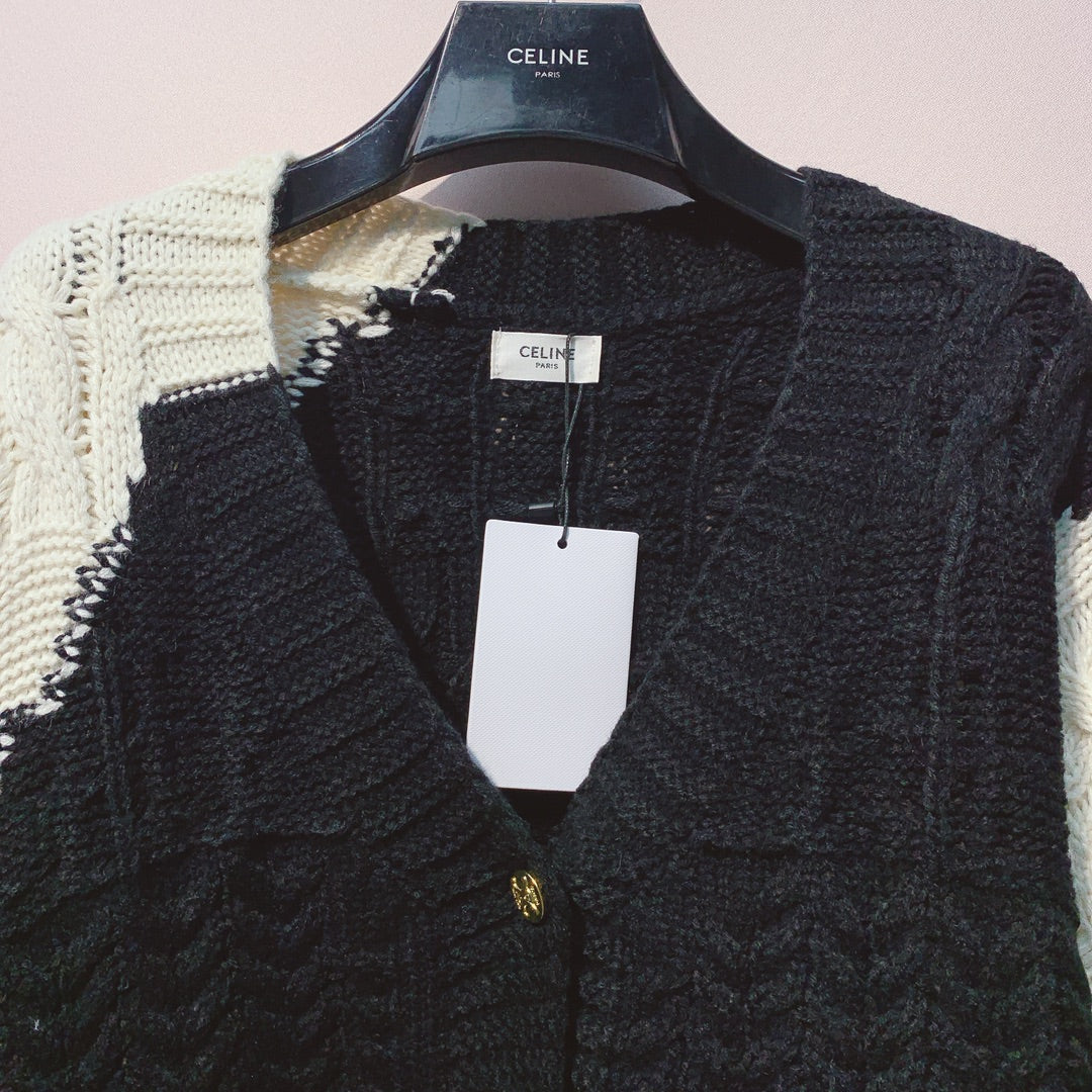 Celine 25 Cardigan White mix Black Wool 293389
