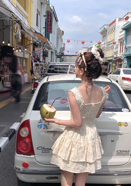 Women's romantic floral suspender dress sweet skirt R4948