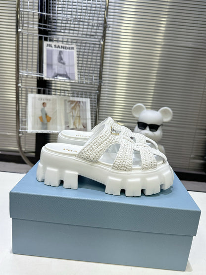 Prada Monolith Sandals 55mm White Raffia Cowhide 564335