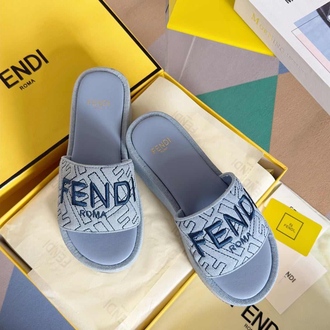 FF Monogram Sunshine 65 Light Blue Fabric Slide