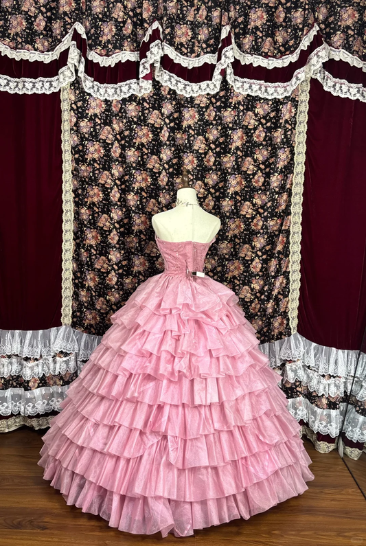 Retro Pink Strapless A-Line Satin Quinceanera Dresses Sweet 16 Birthday Ball Gowns, D1426
