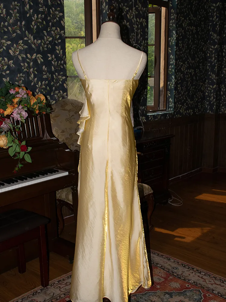 Vintage Yellow Floral Embellished Evening Gown Fairy Princess Party Evening Dress cc1509