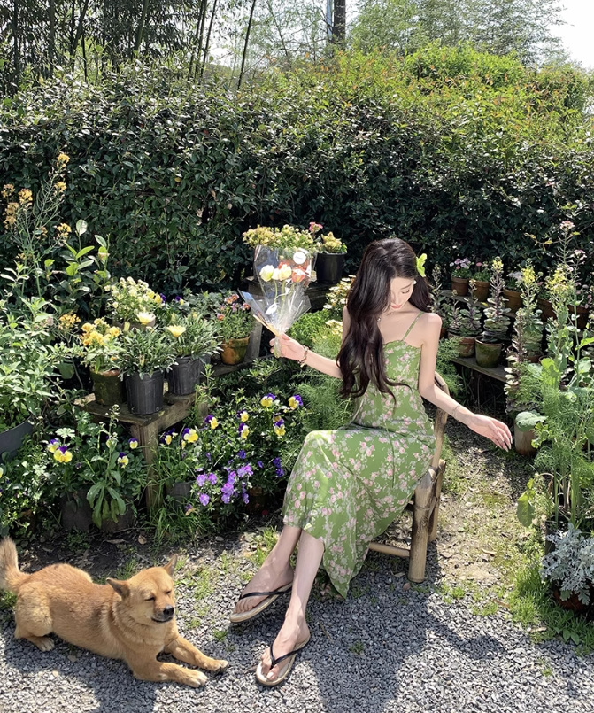 Green floral suspender dress beautiful waist A-line long skirt R0601