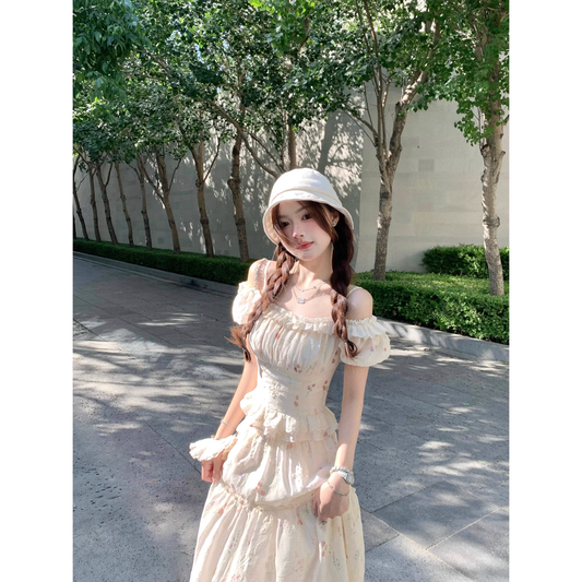 Exquisite floral print top and long skirt set for women  A87