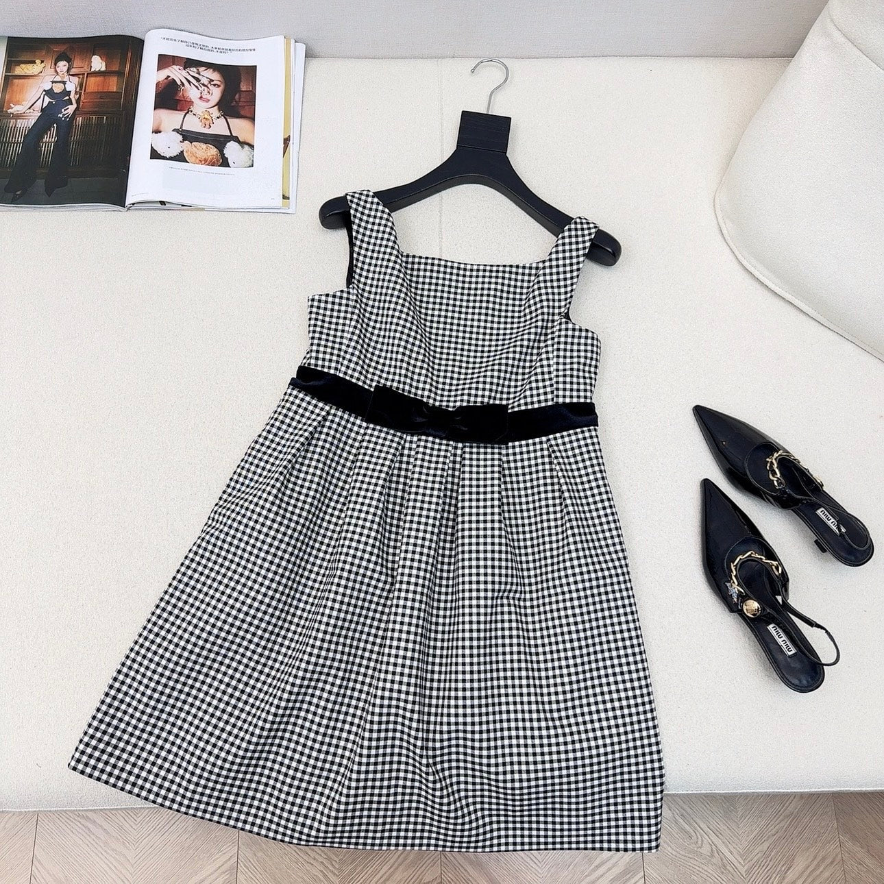 Celine 25 Bow Dress Black mix White Polyester Cotton 607798