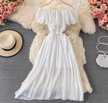 Bali resort beach slim long skirt sexy off-shoulder one-shoulder ruffled chiffon dress R0326