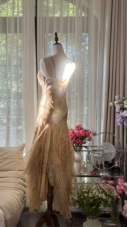 Retro Sweetheart Mermaid Spaghetti Strap Design A-line Romantic Chiffon Evening Dress Prom Dress D1481