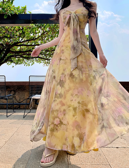 Gentle style floral suspender dress with backless and beautiful long dress R0561