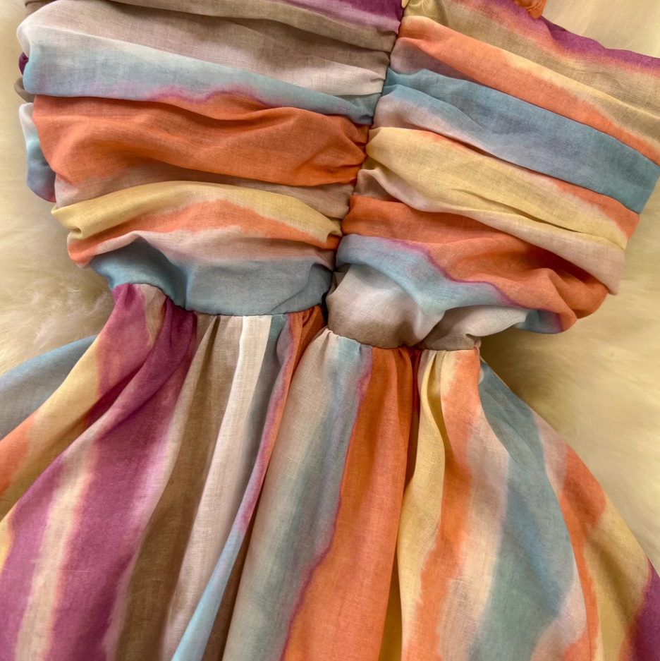 Dopamine wear rainbow stripes gradient halter neck long skirt V-neck waist A-line big swing dress R0377