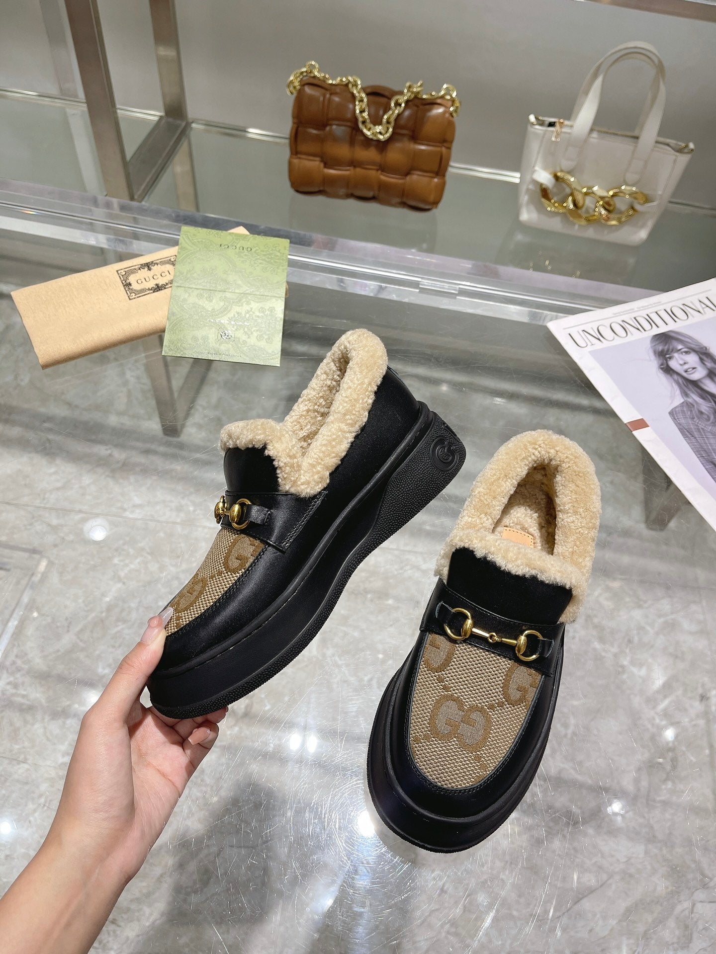 GG Snow Boots Black Calfskin Denim Wool 576248