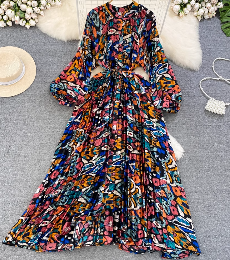 Light luxury temperament lantern long sleeve round neck waist single breasted print elegant dress R0403