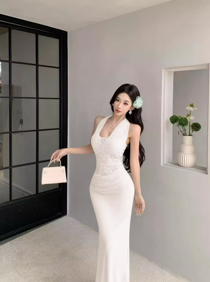 French high-end green v-neck lace halter dress temperament celebrity waist slim hip dress R0453