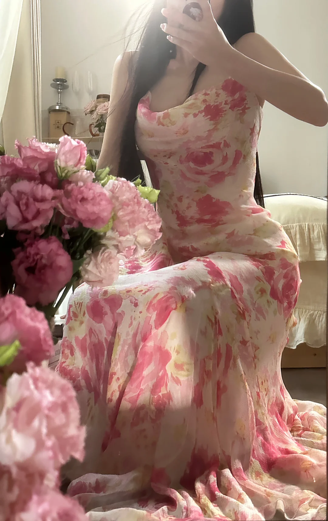 Retro Pink Floral Spaghetti Strap Design Elegant Chiffon Evening Dress Prom Dresses D1489