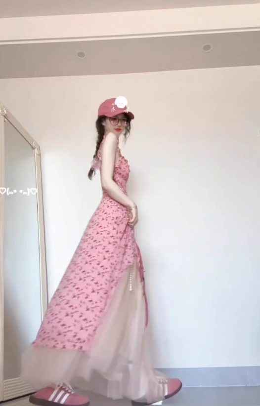 Tea break French pink suspender floral dress seaside vacation unique waist temperament long dress R0422