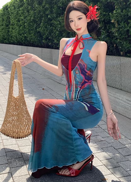 Retro contrast color hollow dress sexy temperament waist slim hip skirt R0658