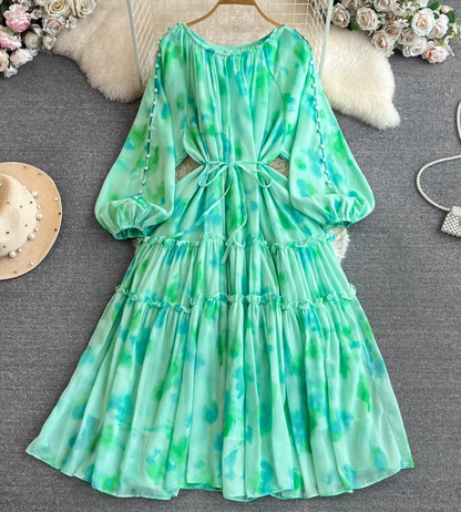 Gentle style lady temperament long sleeve low round neck waist medium length A-line printed dress R0392