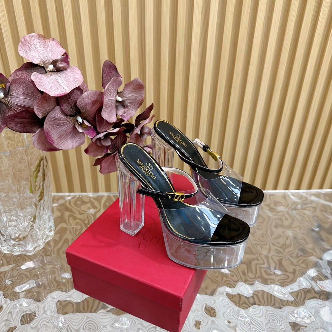 HIGH HEEL SANDAL 14CM IN BLACK CALFSKIN AND TRANSPARENT PVC