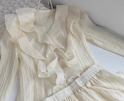 Autumn Korean style sweet long-sleeved shirt suit French style high waist skirt two-piece suit R0061