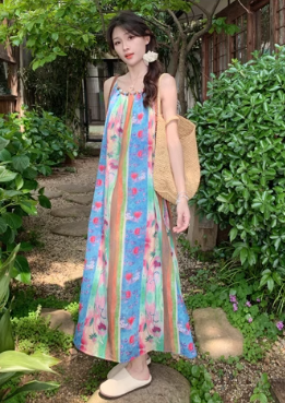 Retro oil painting style flower suspender dress holiday style tassel blouse slim long skirt suit R0204