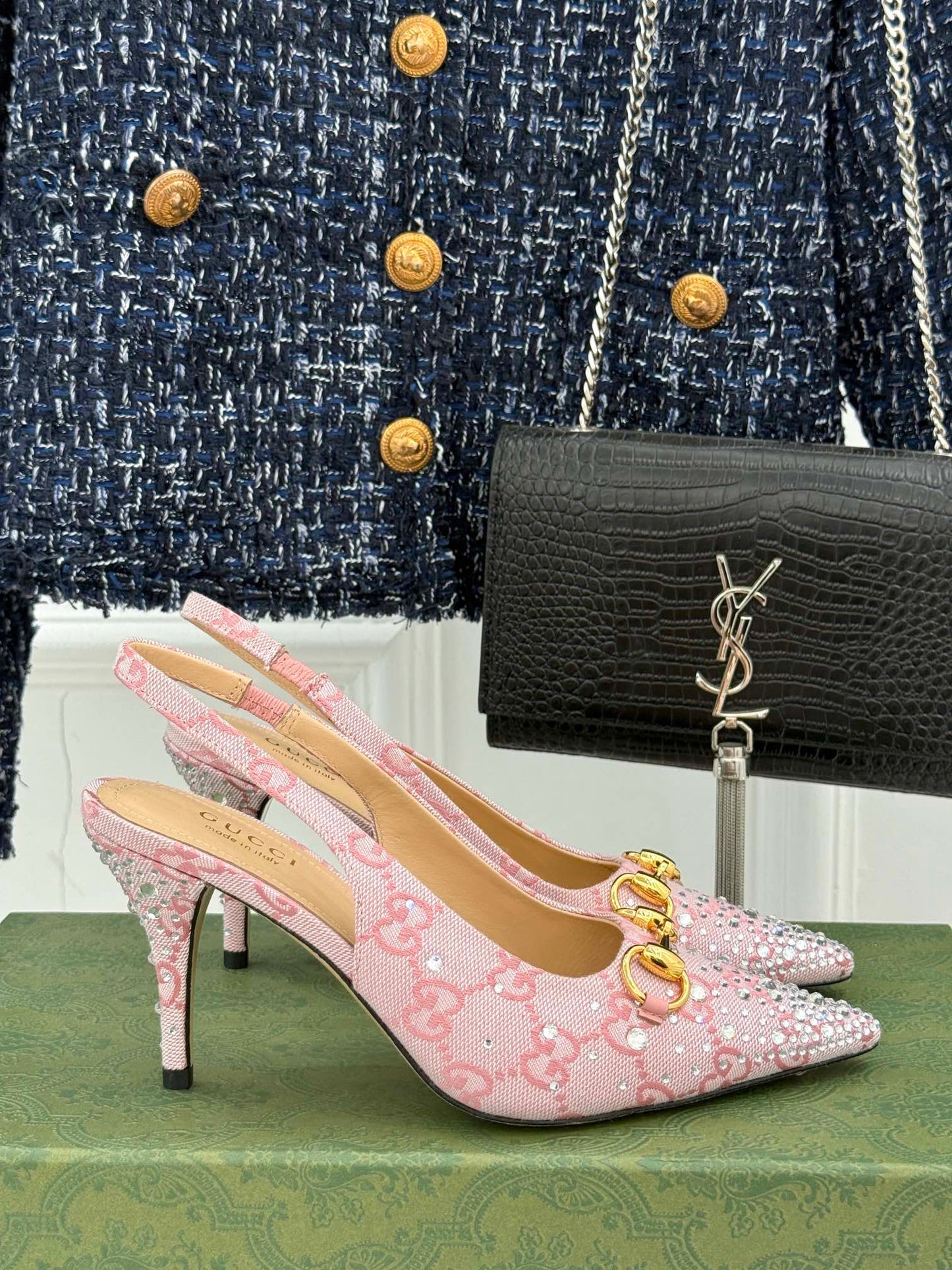 GG Horsebit Slingback 85MM Beige Pink Monogram Canvas Point Toe Crystal-Embellished