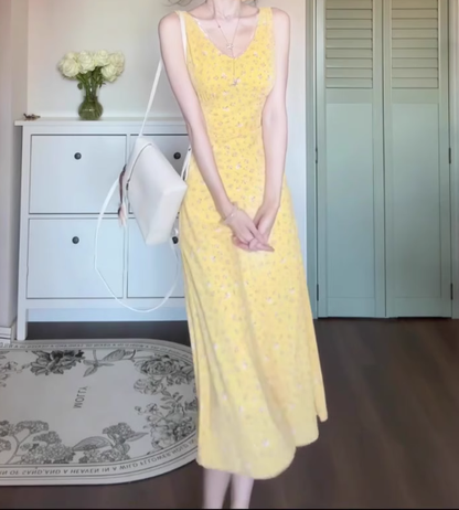 V-neck sleeveless yellow floral dress 2025 new waist long skirt R0804
