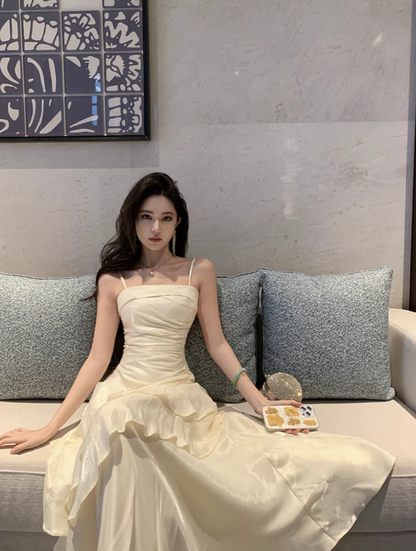 French gentle style ruffled sling dress temperament lady high-end waist hip banquet dress skirt R0410