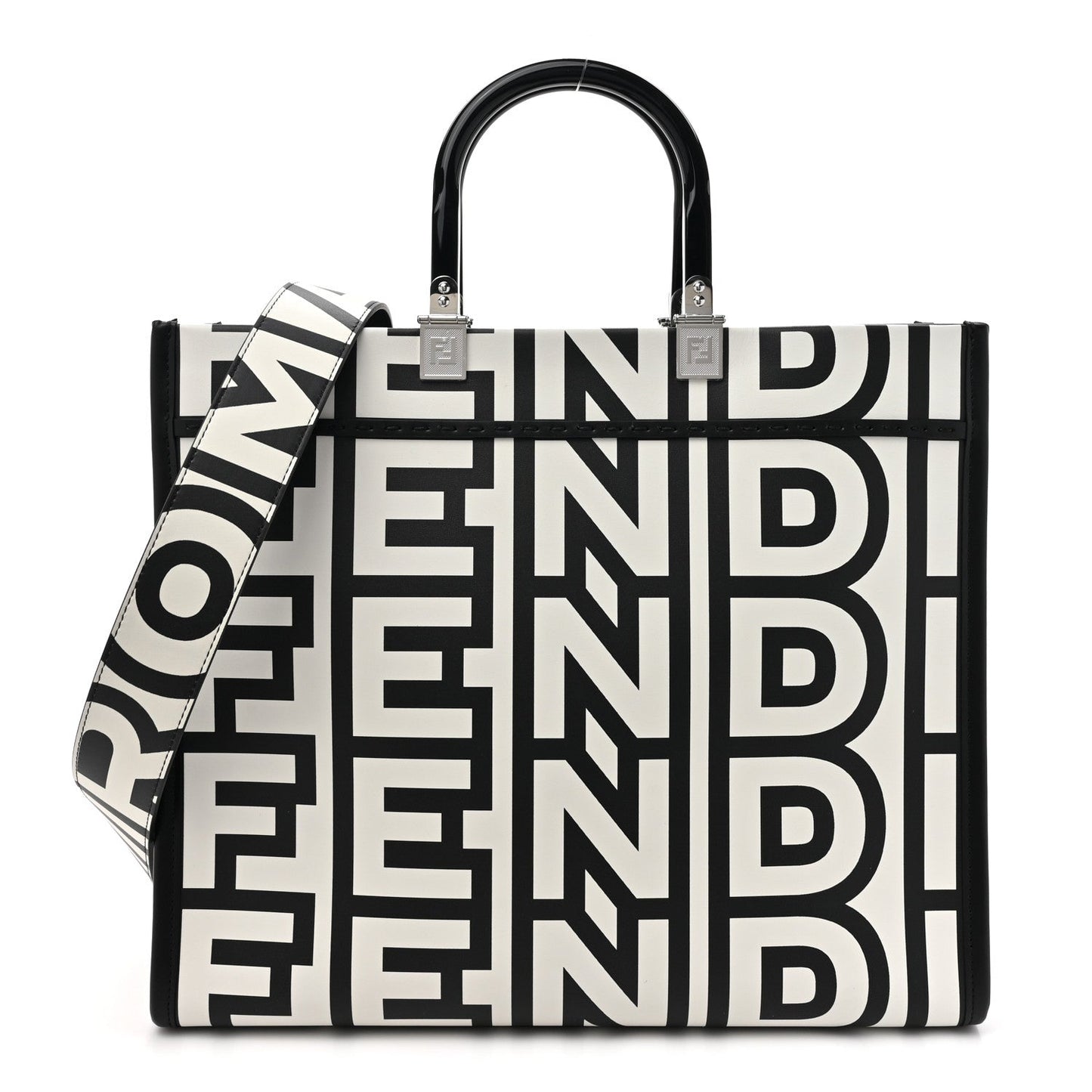 X MARC JACOBS Vitello King Logo Print Medium Fendi Sunshine Shopper Tote Black White