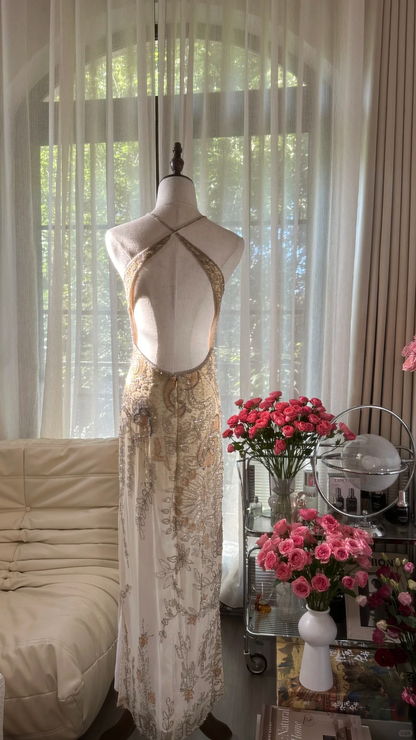 Retro Golden Sparkling Beaded Halter Dress Elegant Chiffon Evening Dress Prom Dresses D1493