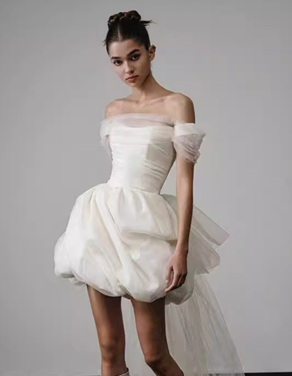 French White Satin One Shoulder Evening Gown Homecoming Dress R2978