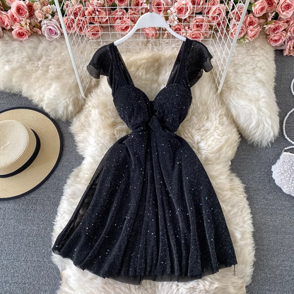 French retro Hepburn style little black dress sexy waist slim sequined low-cut V-neck A-line dress R0343