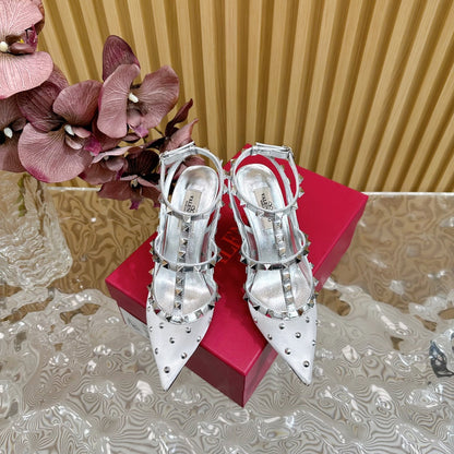 ROCKSTUD MIRROR-EFFECT PUMP WITH MATCHING STRAPS AND STUDS 95 MM SILVER CALFSKIN AND MESH