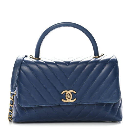 Aged Calfskin Chevron Quilted Small Coco Handle Flap Blue