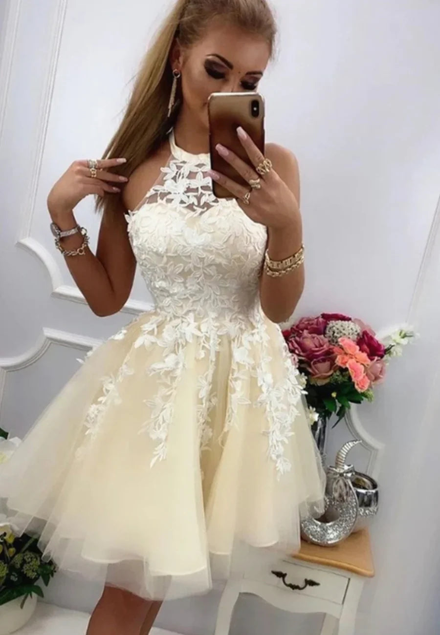 Elegant Homecoming Dress Halter Lace Flowers Short Prom Dress Back to School Outfits Party Dress  D6099