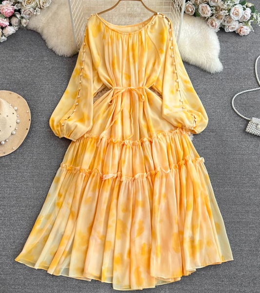 Gentle style lady temperament long sleeve low round neck waist medium length A-line printed dress R0392
