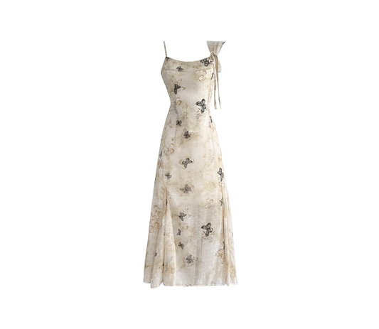 French butterfly print suspender dress 2025 new seaside holiday long skirt R0039