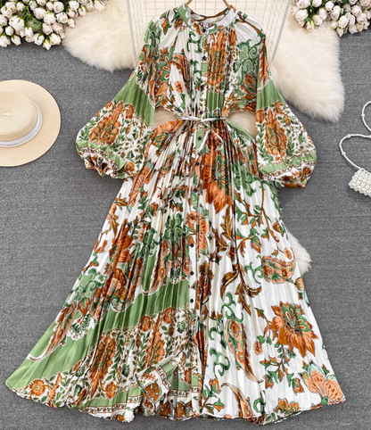 Light luxury temperament lantern long sleeve round neck waist single breasted print elegant dress R0403