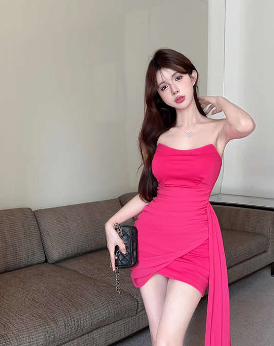 One-shoulder tube top dress niche design ribbon slim hip-hugging small gift skirt R0560