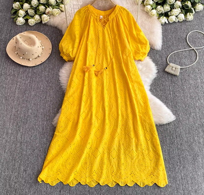Rose Story Same Style Mid Sleeve V-Neck Yellow Dress Summer French Loose Skirt R0313