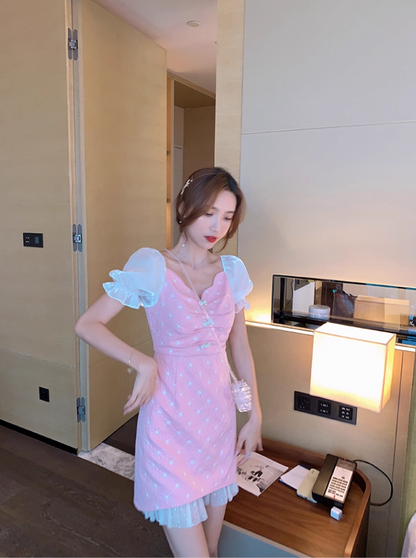 Mesh V-neck petite French first love sweet pink dress for women R4176
