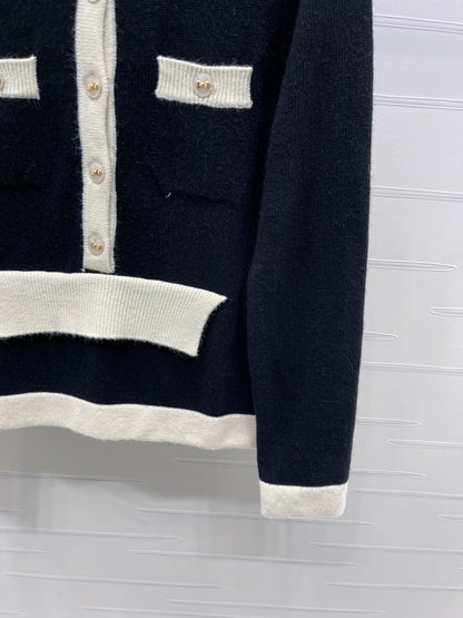 CC 25F Round-Neck Knitted Long-Sleeved Cardigan Black Wool