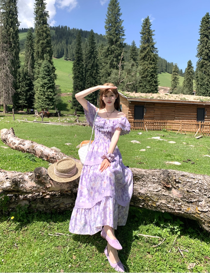 Purple long printed waist dress for women summer French retro temperament high-end skirt R4581