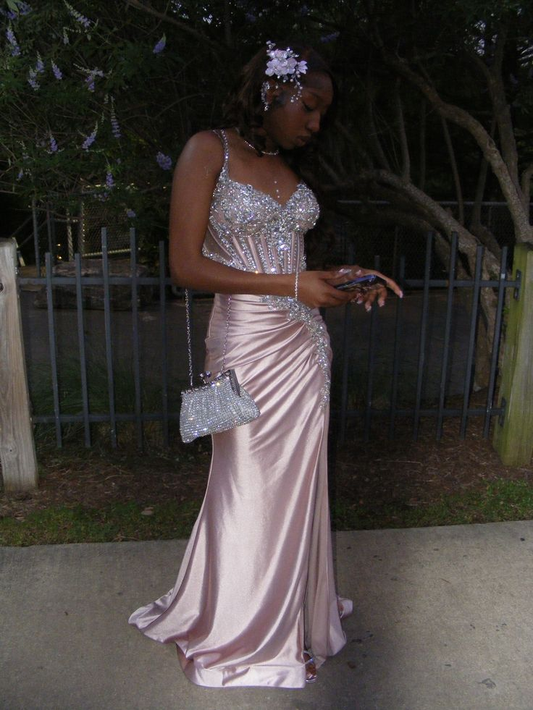 Pink Mermaid Long Prom Party Dress Beaded Graduation Dress fg8414