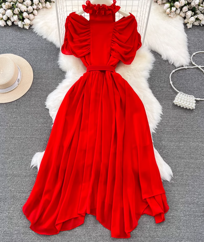 Light luxury temperament stand-up collar off-shoulder pleated waist A-line chiffon dress elegant long skirt R0374