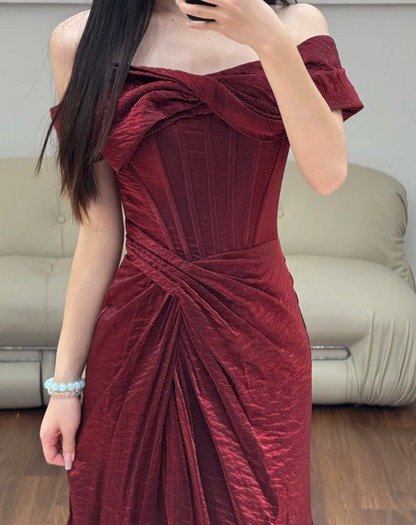 Off The Shoulder Prom Party Dress Burgundy Evening Dress Graduation Dress  fg8627